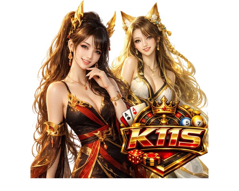 พรีเซนเตอร์หญิงสองคนสไตล์แฟนตาซีสวมชุดแดงทอง พร้อมโลโก้ K1ts ด้านหน้า